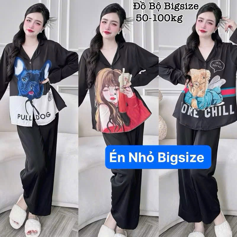 Đồ Bộ Bigsize - Đồ Ngủ Mặc Nhà Pijama Bigsize Lụa Mango Tay Dài in 5D Cao Cấp Xinh Xắn 50-100kg