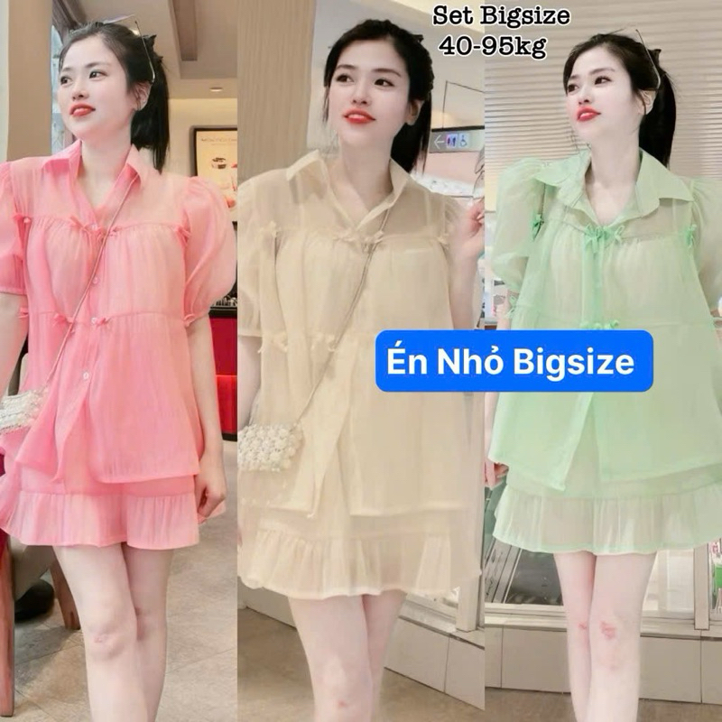Thời Trang Bigsize Én Nhỏ - Set Bộ Áo Cổ Sơ Mi và Chân Váy Xòe Voan Tơ Cao Cấp Mềm Babydoll Đính Nơ 