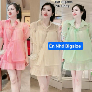 Thời Trang Bigsize Én Nhỏ - Set Bộ Áo Cổ Sơ Mi và Chân Váy Xòe Voan Tơ Cao Cấp Mềm Babydoll Đính Nơ Hot Hit 40-95kg