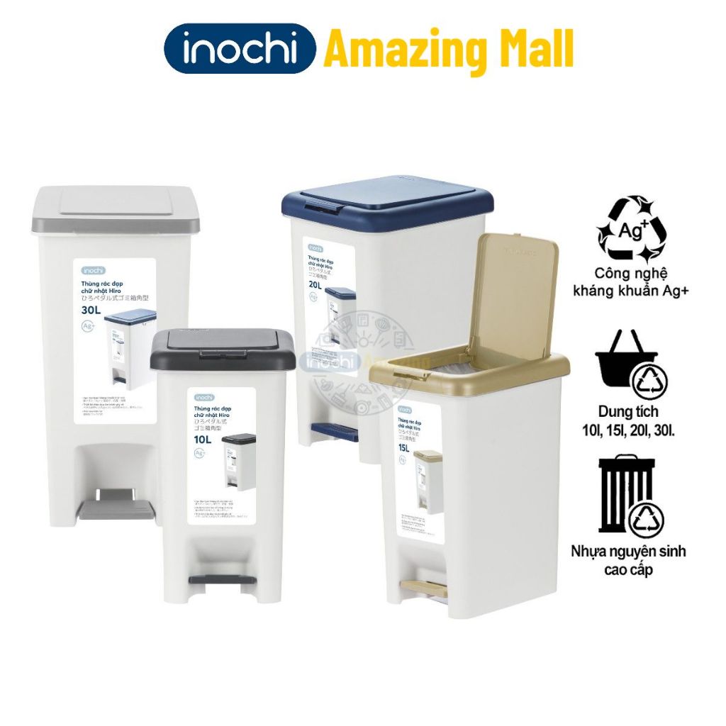 Thùng rác đạp chữ nhật Inochi Hiro 10L/15L/20L/30L kèm ruột dung trong nhà tắm, nhà bếp, phòng ngủ I