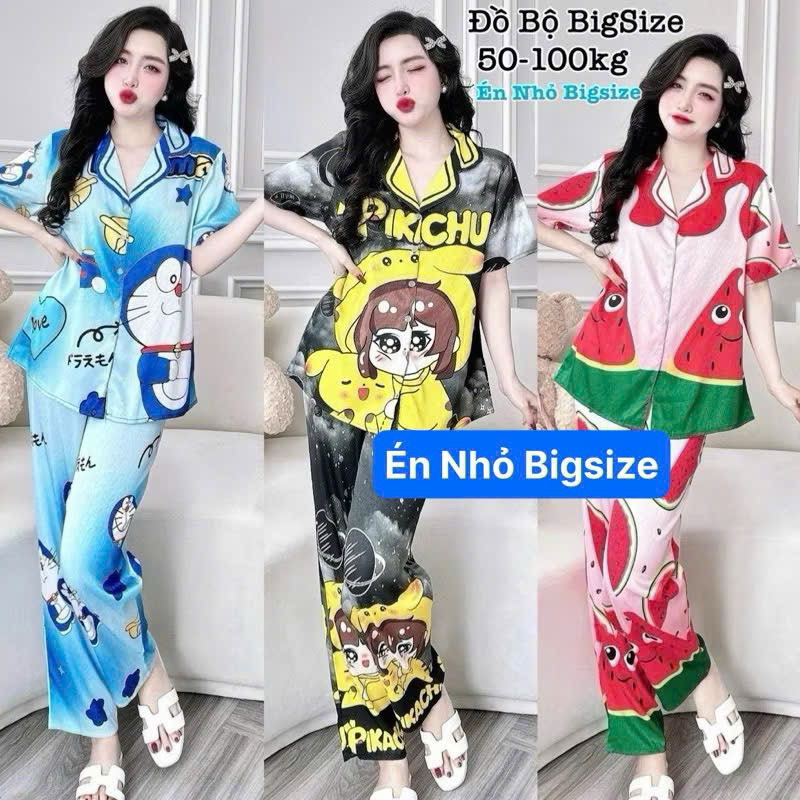 Đồ Bộ Bigsize - Đồ Ngủ Mặc Nhà Pijama Bigsize Lụa Xước Dài Tay Ngắn in 5D Cao Cấp Xinh Xắn 50-100kg 