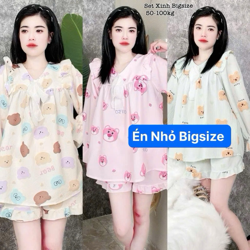 Đồ Ngủ Bigsize, Đồ Bộ Pijama - Set Bộ Đùi Tay Dài Babydoll Bigsize Mặc Nhà Đùi Lụa Xốp Cao Cấp Xinh 