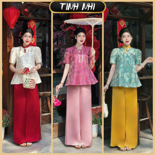  Đồ lam đi lễ phối cúc ngọc dáng peplum TINH NHI sang trọng và thanh lịch PP253 
