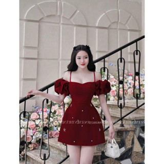  Đầm nữ thời trang mặc đi chơi TẾT chất nhung cứng hai dây trễ vai có mút tay phông váy chữ A đính cườm xinh xắn 