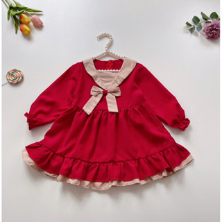   4-32kg  Váy đỏ phối cổ be tay dài NHÍM XÙ KIDS Cho Bé Gái 1 Tuổi Đến 8 Tuổi chất đũi chun xinh yêu V506 
