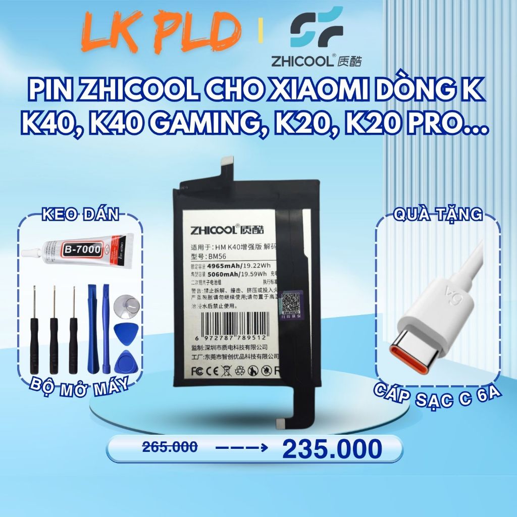 Pin Zhicool dòng Redmi K: K20, K20 Pro, K40, K40 Gaming... Tặng kèm bộ tua vít mở máy, và keo dán