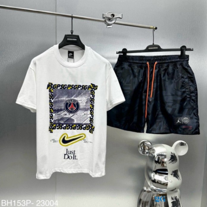 Bộ đồ nam cộc tay mặc hè Paris in hoạ tiết logo PSG vuông ngực phối quần gió loang monogram HOT TREND 2024