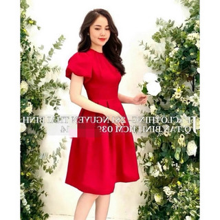 Đầm thời trang nữ mặc đi tiệc sanh chảnh chất lụa cotton lạnh siêu rẻ cổ tròn cao tay búp váy xoè xếp ly