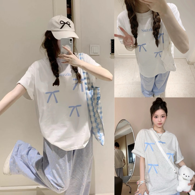 Áo thun nữ , áo phông nữ form rộng chất cotton in hình nơ xanh