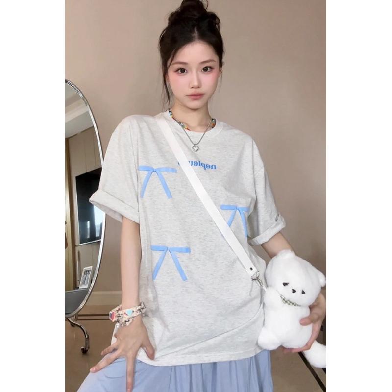 Áo thun nữ , áo phông nữ form rộng chất cotton in hình nơ xanh | BigBuy360 - bigbuy360.vn