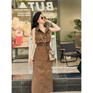 Đầm thời trang nữ mặc đi chơi chất kaki túi hộp cổ sơ mi sát nách kèm thắt lưng váy suông 2 màu