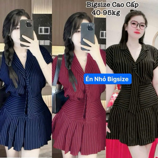 Thời Trang Bigsize - Set Bộ Váy Thiết Kế Cao Cấp Mix Áo Sọc Kẻ Cà Vạt Cổ Bẻ Hot Hit Nữ Cao Cấp Xinh Đẹp Sang 40-95kg