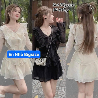 Set Bigsize Đũi Gân Thiết Kế Tay Bèo Thời Trang Bigsize Nữ đẹp Sang Chảnh, Set Bộ Đồ Sơ Mi Phối Bèo + Chân Váy 50-95kg