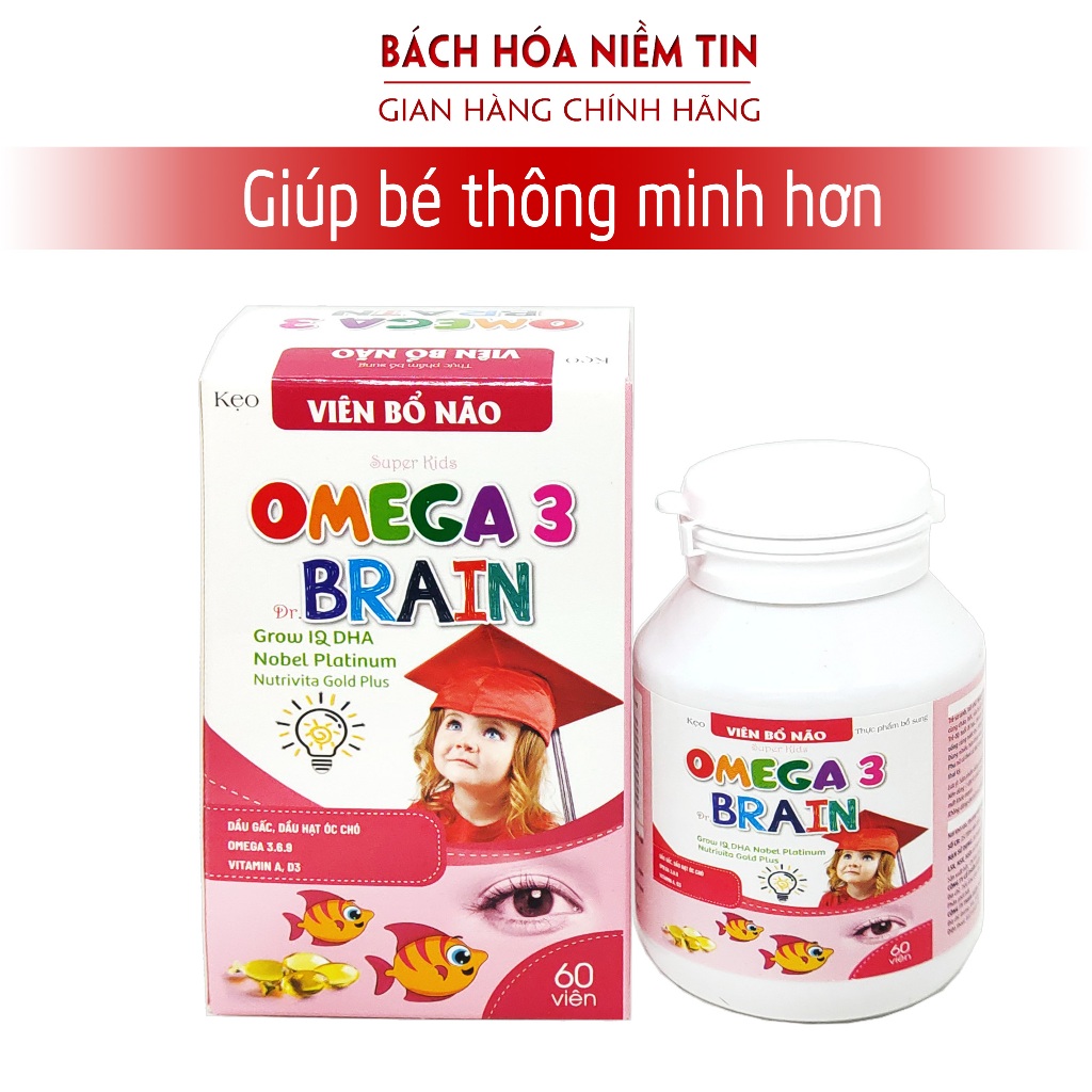 Kẹo viên bổ não, phát triển não bộ, tăng cường trí nhớ, thị lực, OMEGA 3 BRAIN Grow IQ DHA Nobel - Hộp 60 viên