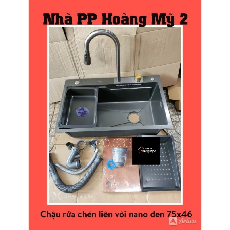 Chậu rửa bát một hố to mạ nano đen  R7546 cao cấp full phụ kiện kích thước 7546 và 7846