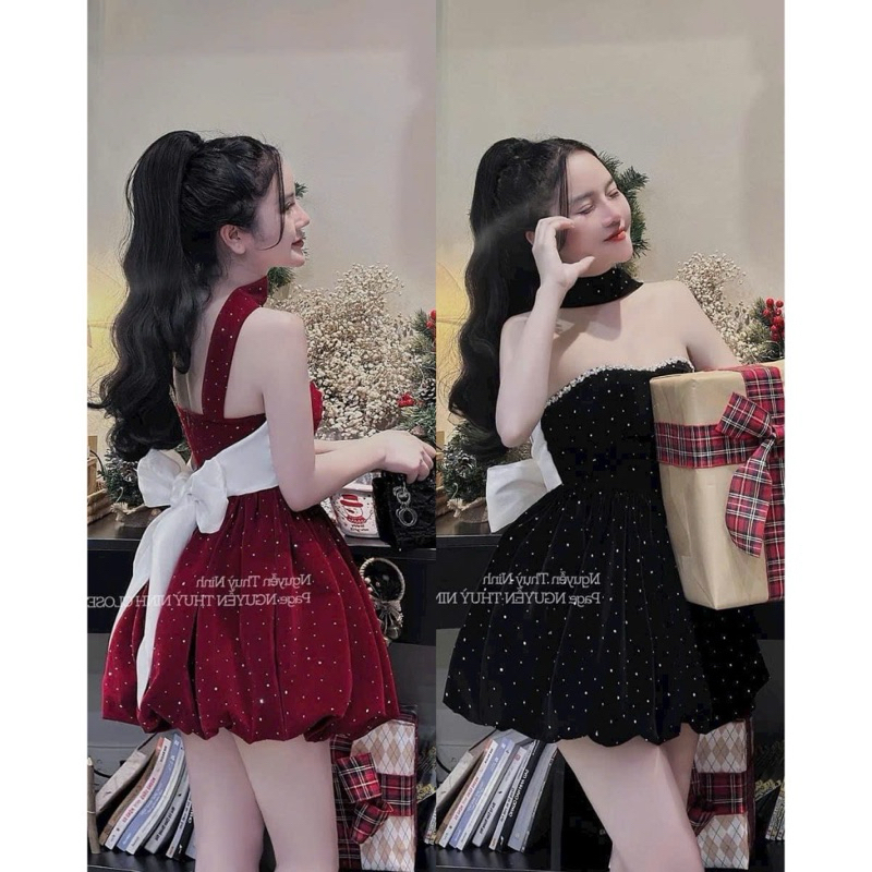  Đầm váy nữ thời trang mặc đi chơi Tết chất nhung kim tuyến 2 lớp cúp ngực viền đá đai cổ đính nơ lưng váy xòe bí 2 màu 