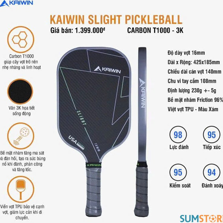 Kaiwin Vợt Pickleball Slight T1000 16mm Xám - Vợt siêu Nhẹ, Độ Cứng Cáp Tốt