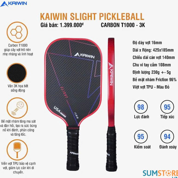 Kaiwin Vợt Pickleball Slight T1000 16mm Đỏ - Vợt siêu Nhẹ, Độ Cứng Cáp Tốt