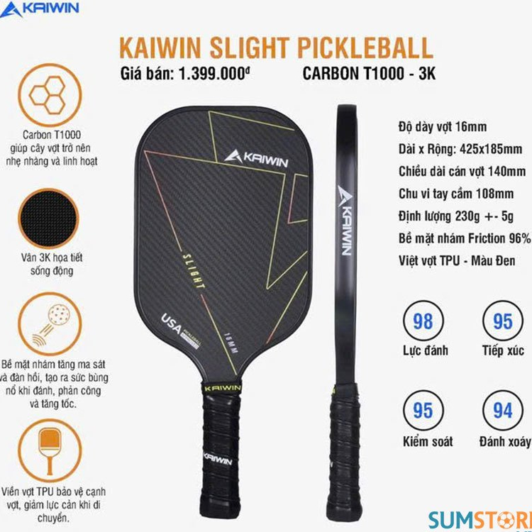Kaiwin Vợt Pickleball Slight T1000 16mm Đen - Vợt siêu Nhẹ, Độ Cứng Cáp Tốt