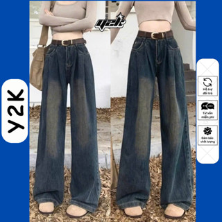 (SUÔNG NẤM LÙN) Quần Xuông Nữ Cho Nấm Lùn Xếp Li 9 Tấc 90cm Màu Retro Jean Suông Ống Rộng Y2K