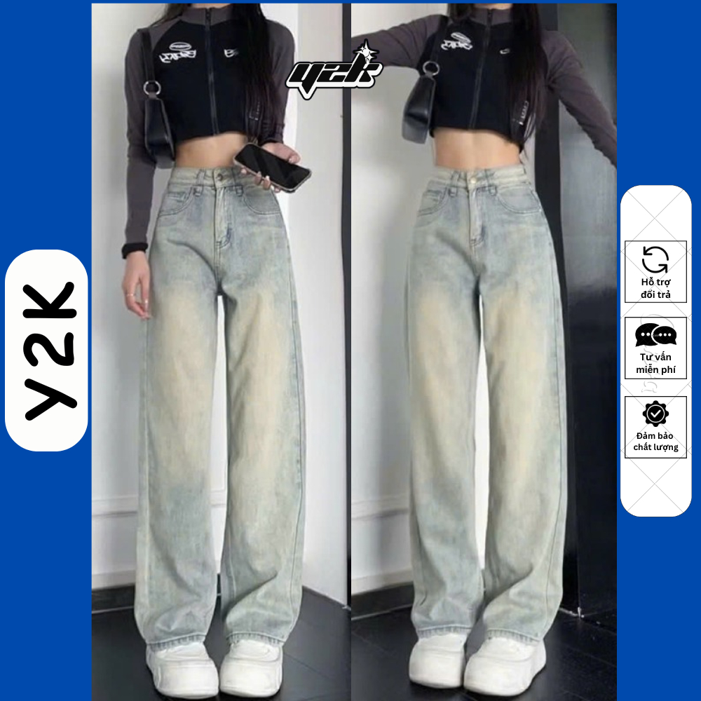 (SUÔNG NẤM LÙN) Quần Ống Rộng Nấm Lùn Jean 9 Tấc 90cm Suông Trơn Wash Bụi Cho Nữ Xuông Cạp Cao Y2K
