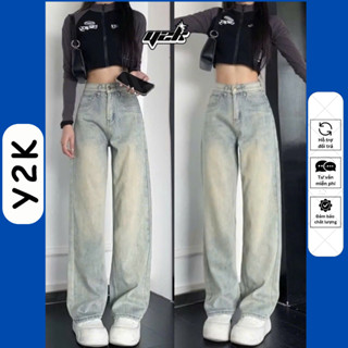 (SUÔNG NẤM LÙN) Quần Ống Rộng Nấm Lùn Jean 9 Tấc 90cm Suông Trơn Wash Bụi Cho Nữ Xuông Cạp Cao Y2K