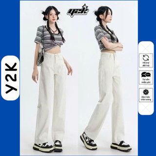 (SUÔNG NẤM LÙN) Quần JEAN SUÔNG TRẮNG THÊU THỎ CHO Nữ NẤM LÙN Xuông ống rộng Cạp Cao