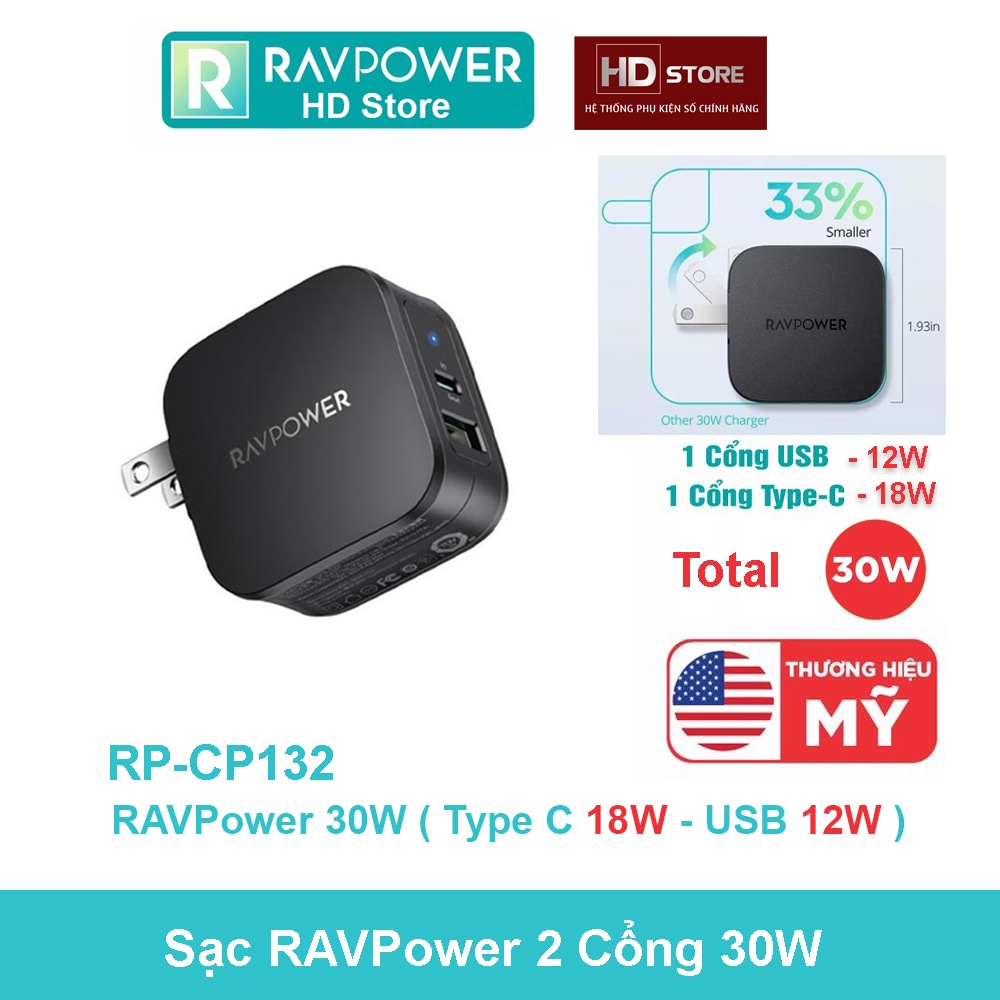 Củ sạc nhanh RAVPower 30W 2 Cổng ( Type C 18W - USB 12W ) - RP PC132 Chân Gập HD Store Sạc nhanh Điệ