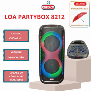 Loa kéo karaoke Partybox ONTEKCO 8212 đèn Led RGB Bass 20cm x 2, tặng kèm 2 micro UhF không dây chính hãng