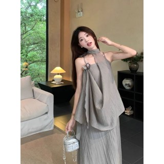 sét váy tơ 2 dây cách điệu thanh lịch nữ