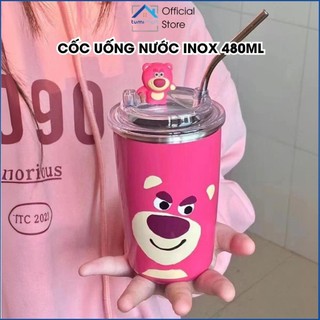  Ly cốc uống nước inox giữ nhiệt GẤU HỒNG 480ML lõi inox 304 chống gỉ 