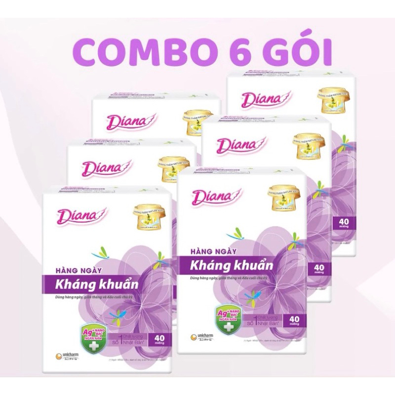 Combo 6 gói băng vệ sinh Diana hàng ngày kháng khuẩn 40 miếng dùng mọi ngày (240 miếng)