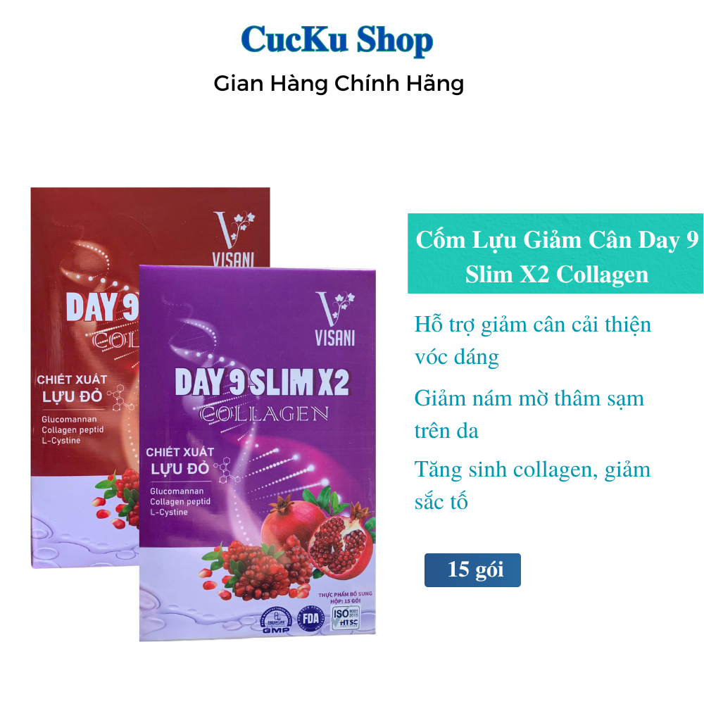 Cốm Lựu Giảm Cân Day 9 Slim X2 Collagen, Hỗ trợ giảm cân, giảm nám mờ thâm, giúp da trắng sáng, Hộp 15 gói Cuckushop1