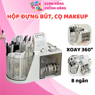 Hộp đựng bút, cọ makeup để bàn xoay 360° có ngăn kéo tiện lợi - Hộp đựng mỹ phẩm