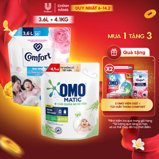 Combo Túi Nước Giặt Omo Matic Cho quần áo bé yêu 4,1kg + Nước Xả Vải Comfort Dịu Nhẹ Túi 3,6L