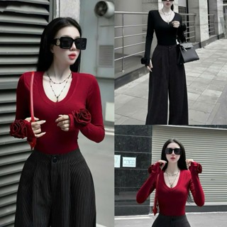 (Có size) ÁO CỔ TIM TAY ĐÍNH HOA HỒNG XỎ NGÓN - Áo thun chất Rip Quảng Châu dáng babytee ôm dáng cực sang chảnh