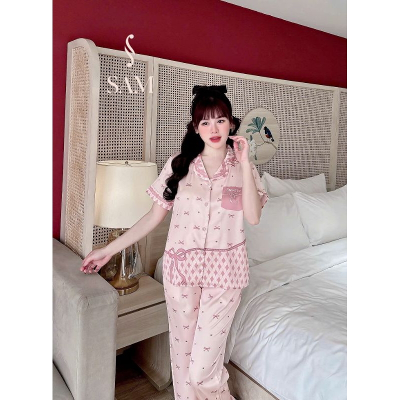 Bộ mặc nhà lụa Sam luxury, pijama lụa tay ngắn quần dài