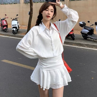 Set đồ nữ áo sơ mi cài tay chân váy ngắn tầng xòe có quần trong bảo hộ Bộ áo kiểu nữ đầm nhún eo trẻ trung T363G MONOKA