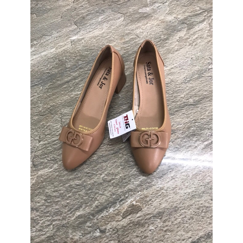 Giày Sata&Jor đế to viền bo chun nơ nhỏ màu cacao mới