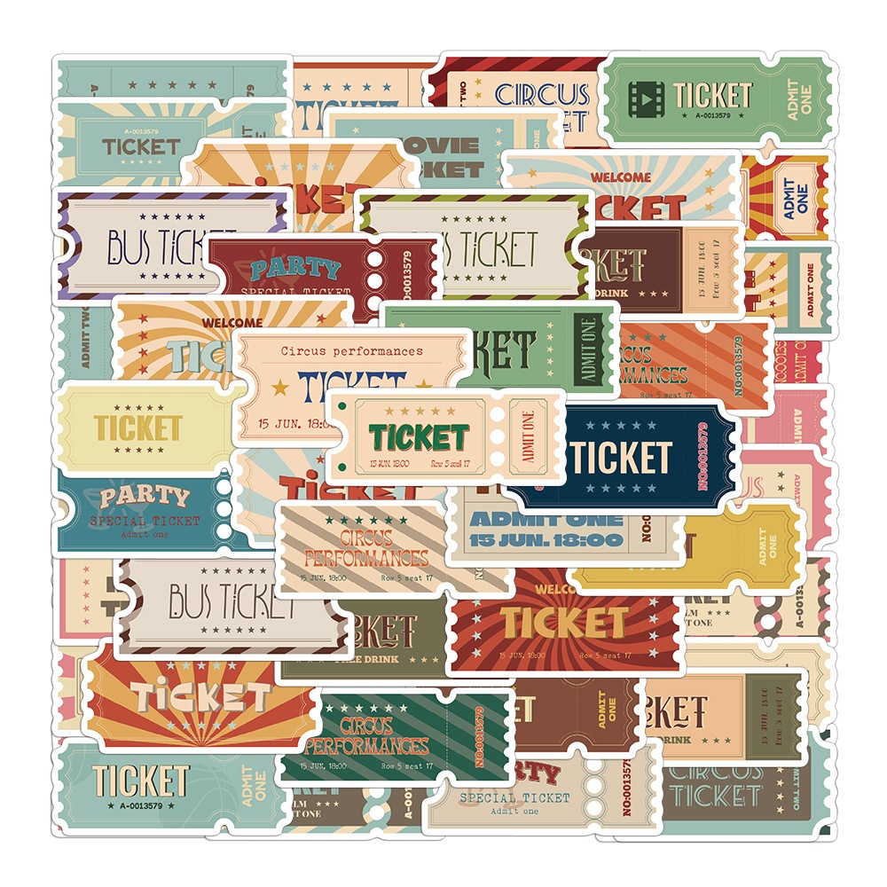 Set 10/20/50 cái sticker chống nước TEM TAG TICKET MÀU RETRO VINTAGE VÉ PHIM dán mũ bảo hiểm vali la