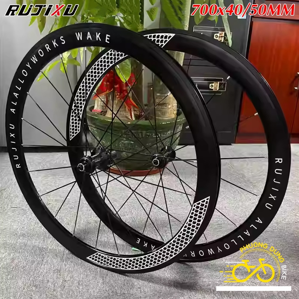 Bộ vành nhôm xe đạp road RUJIXU 700Cx40/50mm (Hub Carbon) - CỐI NỔ TO (Tem Chữ Trắng)