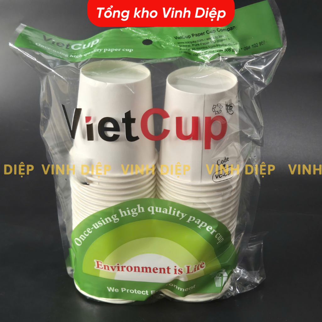 1 bịch 50 cốc giấy, ly giấy dùng 1 lần vietcup 180ml loại cao cấp thân thiện với môi trường,