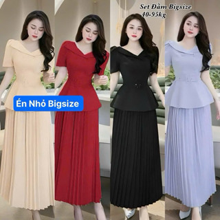 Thời Trang Bigsize - Set Bigsize Áo Peplum Mix Chân Váy Xếp Ly Dáng Dài Lụa Chéo Thái Thiết KếChe Bụng Thích Hợp 50-95kg