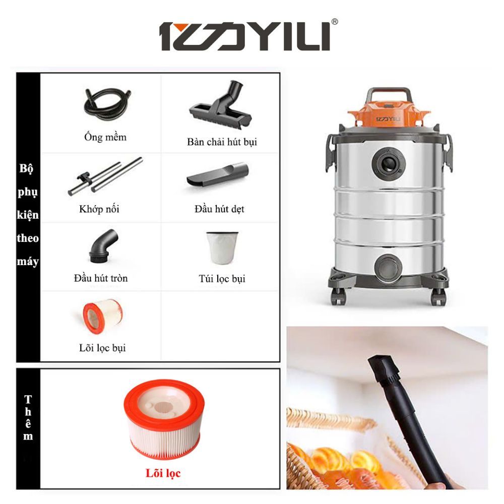 Máy hút bụi Yili YLW6342 công nghiệp công suất 1400W lực hút lớn dung tích 30 lít thùng inox không gỉ máy đa chức năng