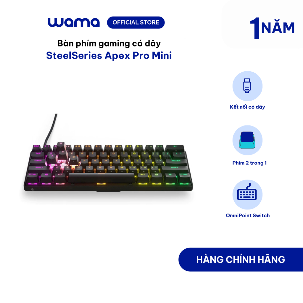 Bàn phím gaming có dây SteelSeries Apex Pro Mini  màu đen, kích thước 60%, led RGB - Bảo hành 1 năm