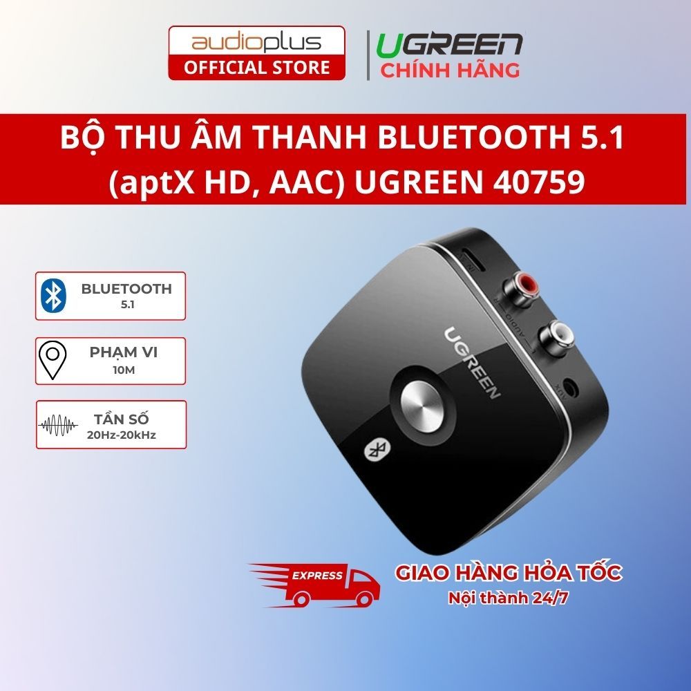 Bộ thu âm thanh Bluetooth 5.1 (aptX HD, AAC) UGREEN 40759 - Dễ dàng cài đặt - Nhỏ gọn - Chính hãng