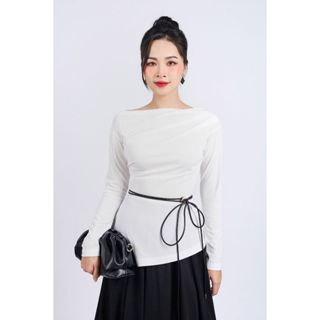 BAS73197 - Áo kiểu công sở vải len co giãn dáng ôm cổ thuyền tay dài thân áo vạt lệch kèm dây thắt eo - PANTIO