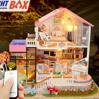 Nhà búp bê Tự làm bằng gỗ  [Nhà Mô Hình có nội thất + đèn LED + 3 KEO DÁN VÀ DỤNG CỤ]. 13846
