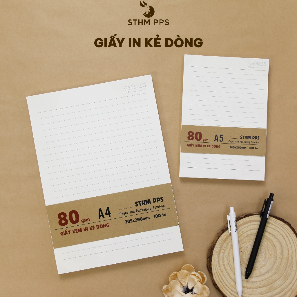 [STHM Hà Nội] - Xấp 100 tờ ruột giấy kem in kẻ dòng A4,A5-80gsm, 100gsm dùng cho làm sổ tay handmade