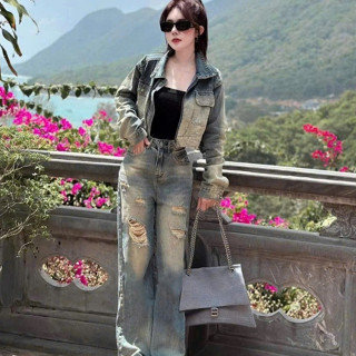 Set jean 3 món thiết kế năng động, cá tính cho nàng cực xinh, set áo sơ mi tay dài phối quần ống rộng rách kèm áo trong